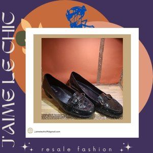 Nickels Soft Black Croc-Like Kitten Heels with Buckle Accents